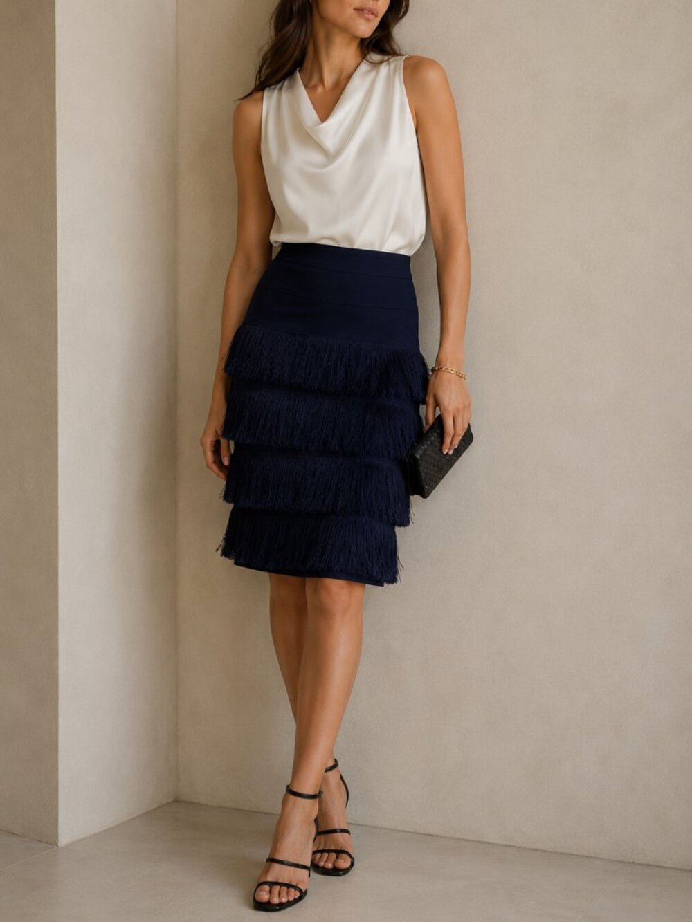 Eva Franco Navy Fringe Tiered Pencil Skirt Size 4
